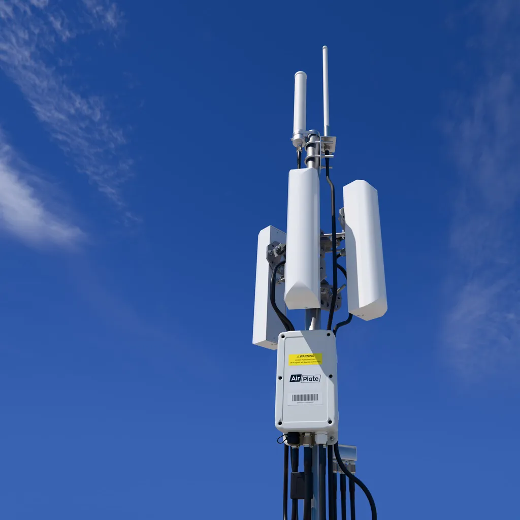 AirDetect Pro Long Range on a mast: three tri-sector antennas and two rod antennas above the sensor enclosure