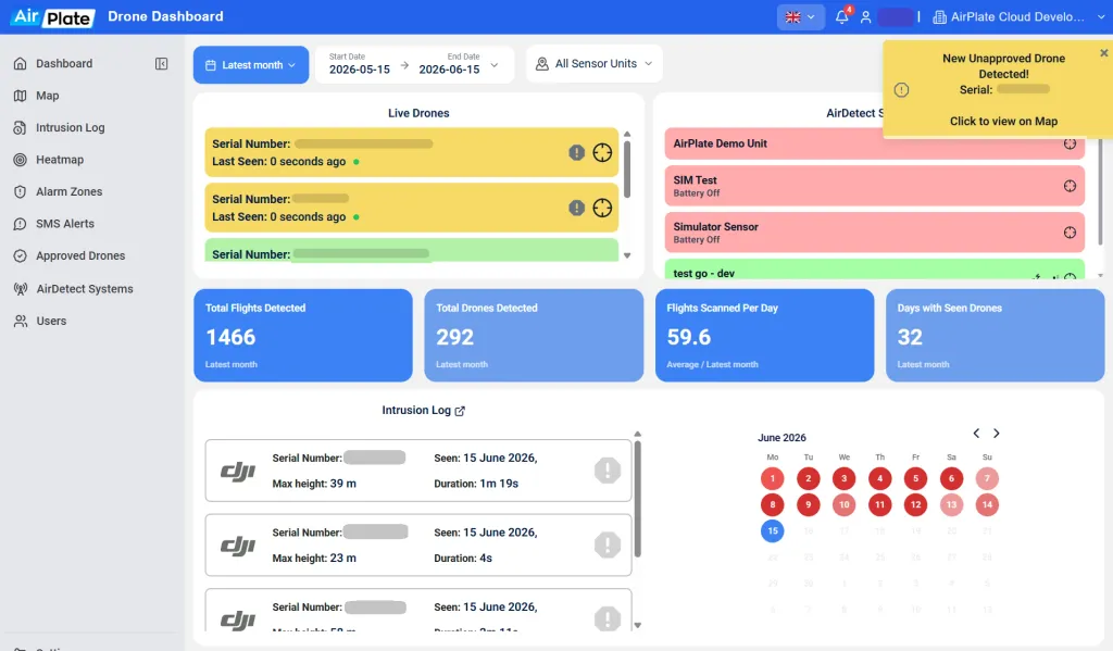 Example: the AirPlate dashboard, with its new unapproved drone alert ringed