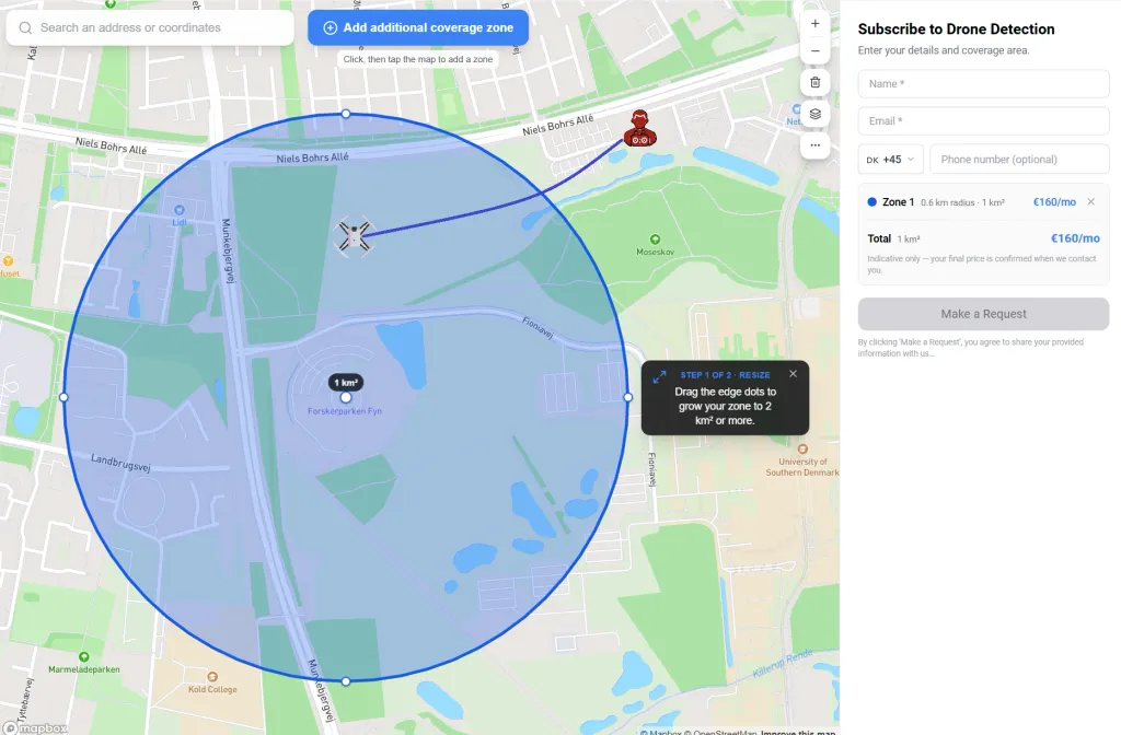Example: a 1 km² coverage zone drawn on the AirPlate subscribe map