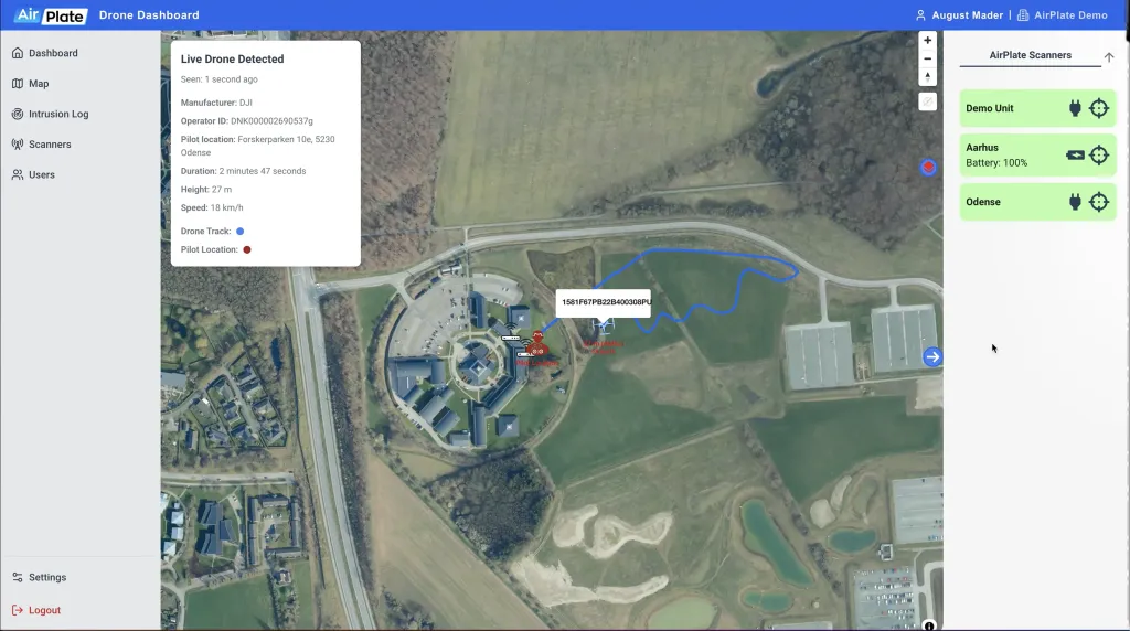 Example: the AirPlate map with a DJI drone's flight track and the pilot's position, ringed