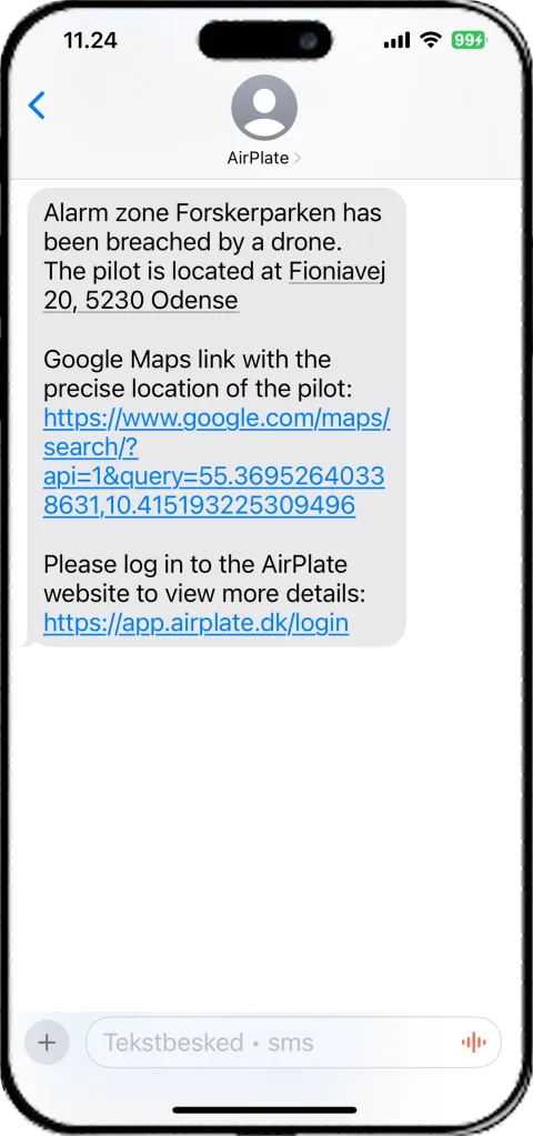Example: the SMS alert, which gives the pilot's street address