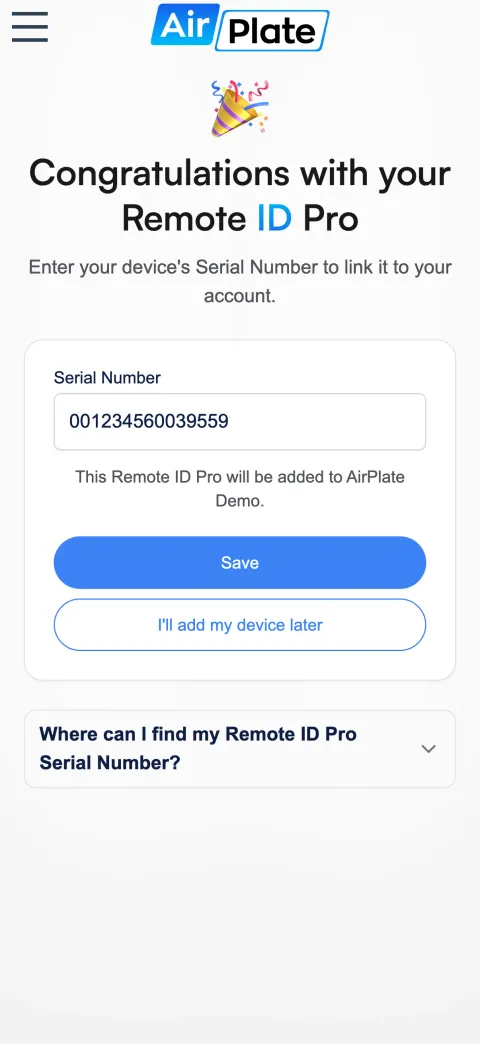 The AirPlate web app on a phone: a Remote ID Pro serial number filled in, ready to be added to the organization