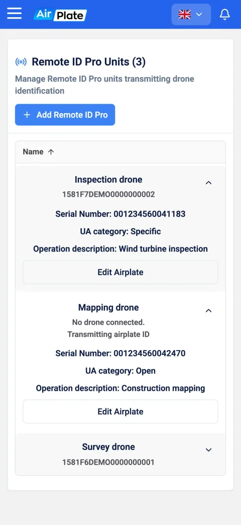 The AirPlate web app on a phone: a list of three Remote ID Pro units with their drones and UA categories