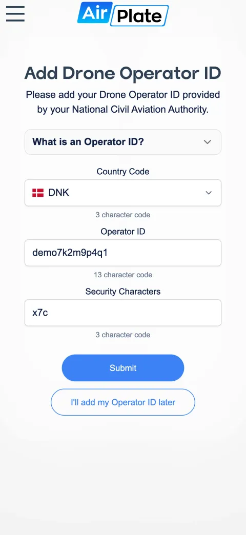 The AirPlate web app on a phone: the country code, operator ID and security characters filled in